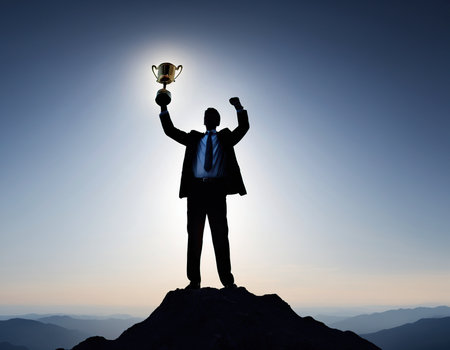 Silhouette of businessman holding a trophy on top of the mountainの素材