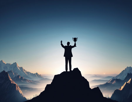 Successful businessman standing on top of a mountain and holding a trophyの素材