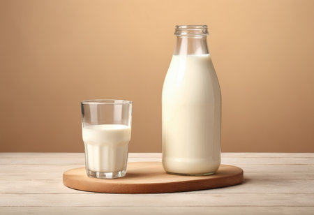 Bottle and glass of milk on wooden table against beige backgroundの素材