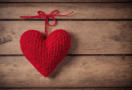 Red knitted heart on wooden background. Valentines day concept.の素材