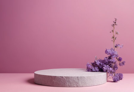 Minimal product display podium with purple lavender flowers on pink backgroundの素材