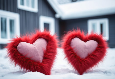 Two hearts in the snow with a house in the background. Valentines day concept.の素材