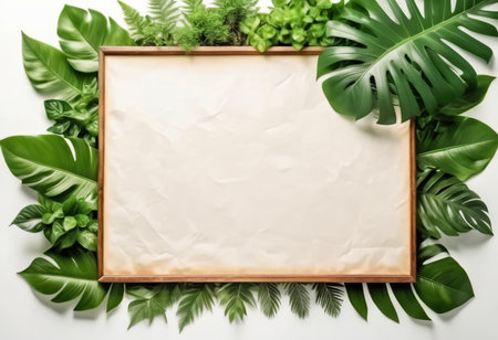 Creative layout made of tropical leaves on white background. Flat lay, top view, copy spaceの素材
