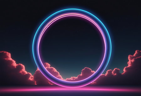 Glowing neon circle with clouds on dark background. 3D renderingの素材