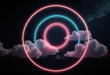 Neon circle in the night sky with clouds. 3D renderingの素材