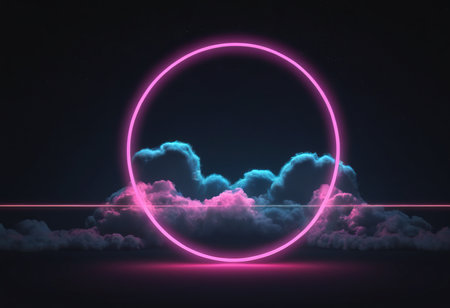 Abstract neon background with clouds and circle frame. 3D Renderingの素材