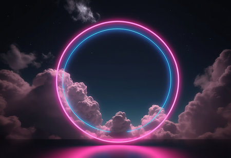 3d render, abstract background with neon lights, round frame and cloudsの素材