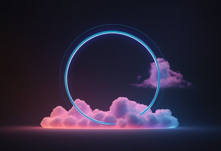 Glowing neon circle with clouds on dark background. 3D Renderingの素材