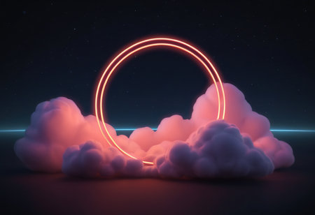 3d render, abstract background with neon circle and clouds, neon lightsの素材