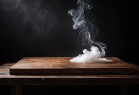 White cloud of steam on a wooden table. Smoke on a black background.の素材