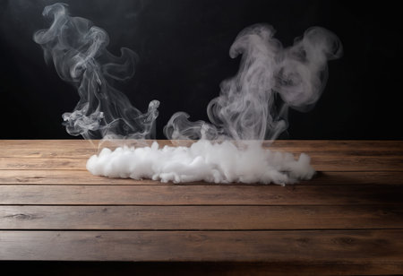 Smoke coming out of a wooden table against a black background.の素材
