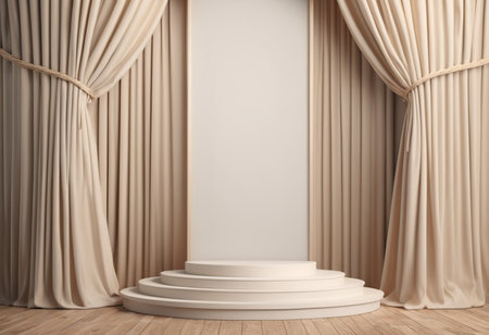 White podium with drapery and curtains. Mock up, 3D Renderingの素材