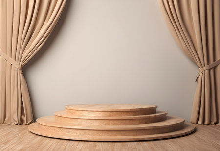 Wooden podium with curtains on the background. 3d rendering.の素材