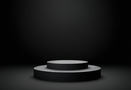Black podium on dark background. Mock up, 3D Renderingの素材