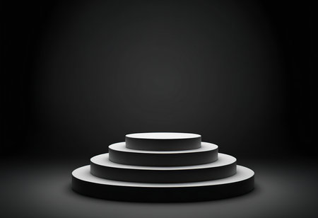 3d render of black podium on dark background. Platform for product presentationの素材