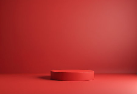 Red podium on red background. 3d render. Place for your design.の素材