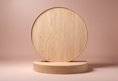Round wooden podium on a pink background. 3d rendering mock upの素材