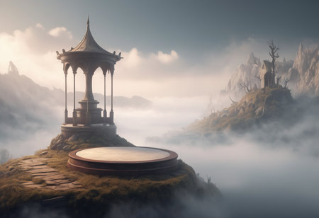 3d render of fantasy landscape with stone table and pagoda.の素材
