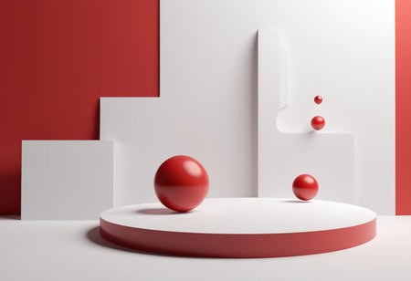 Abstract minimal scene with red and white geometric shapes. 3d renderの素材