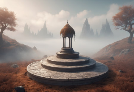 Fantasy landscape with ancient stupa in the mist. 3d renderの素材