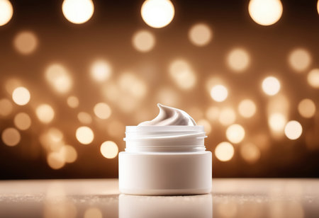 Cosmetic branding, toiletries and spf concept - Face cream moisturizer jar on holiday lights backgroundの素材
