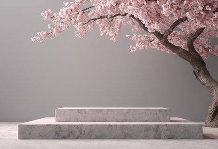 Cherry blossoms and marble pedestal. 3d rendering.の素材