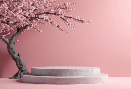 3d rendering of minimal product display podium with cherry blossom tree in the background.の素材