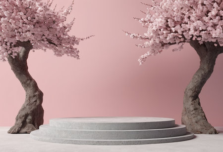 Podium with cherry blossoms on pink background. 3D renderingの素材