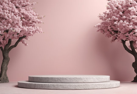 3d render of minimal product display podium with cherry blossom treeの素材