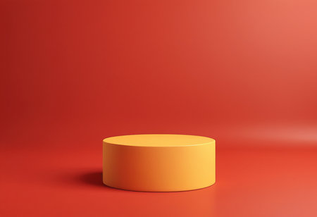 Orange podium on a red background. 3d rendering, 3d illustration.の素材