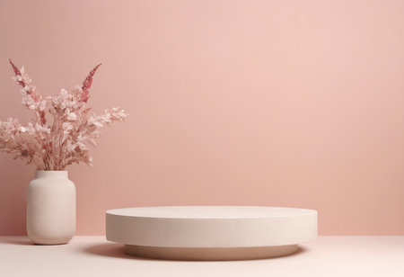 Podium for product display with flower in vase on pink backgroundの素材