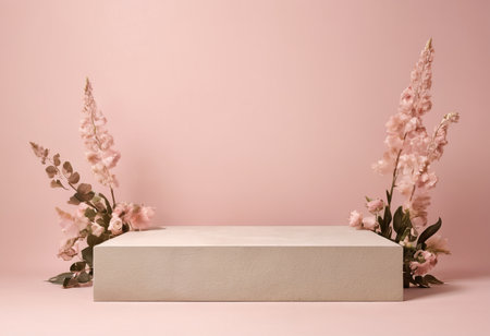 White podium for product presentation with flowers on pink background. 3d renderingの素材