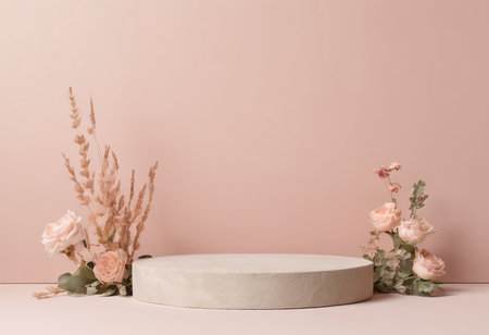 Minimal scene with beige podium and flowers on pastel backgroundの素材