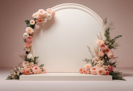 3d render of minimal display podium with floral decoration for mock up presentation.の素材