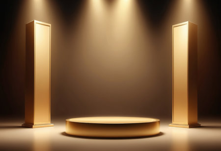 Golden podium on brown background with spotlights. Mock up, 3D Renderingの素材