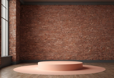 Podium in room with brick wall and wooden floor, 3d renderの素材