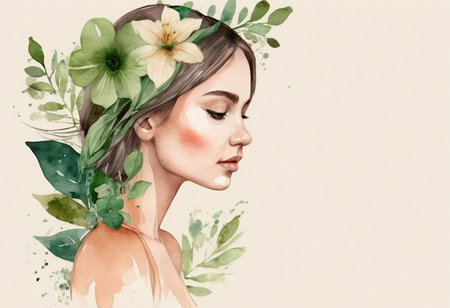 Beautiful young woman with flowers and leaves. Hand drawn illustration.の素材