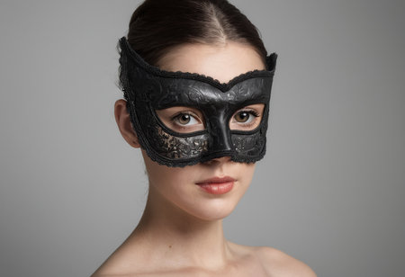 Portrait of a beautiful young woman with black mask on her faceの素材