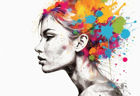 Portrait of a beautiful young woman with colorful paint splashes.の素材