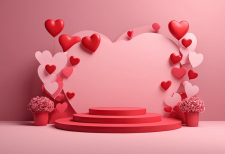 3d render of valentine's day background with podium and heartsの素材