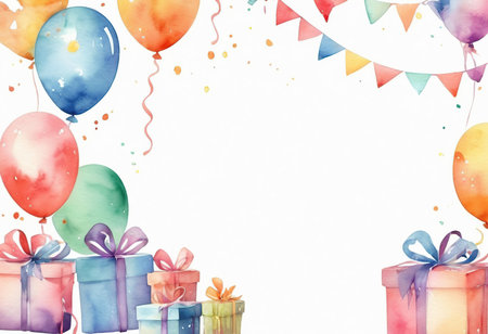 Watercolor birthday party background with gift boxes, balloons and confettiの素材