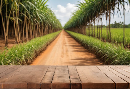Wood table top on blur sugarcane field background. product displayの素材