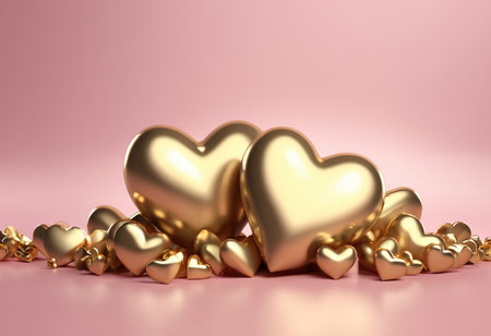 Golden hearts on a pink background. 3d render. Valentine's Day.の素材