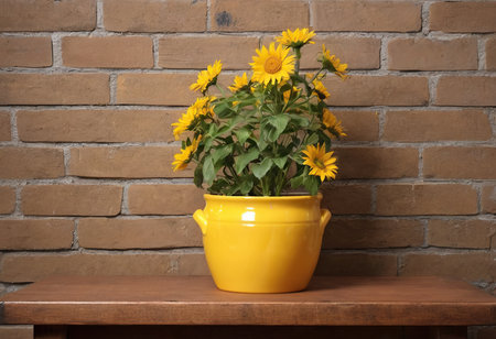 Sunflowers in yellow pot on wooden table with brick wall backgroundの素材