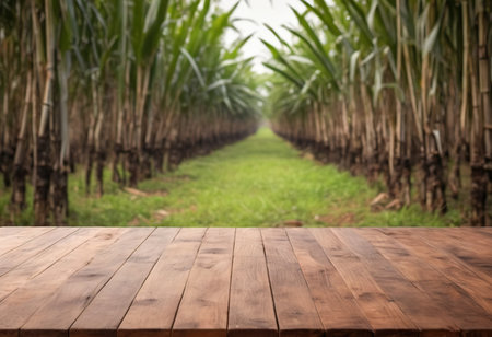 Wood table top on blur sugarcane plantation background - can be used for display or montage your productsの素材