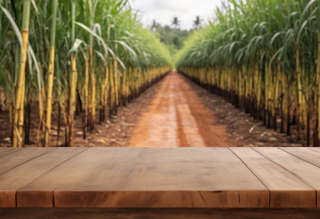 Wood table top on sugarcane field background. product display templateの素材