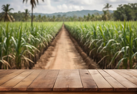 Wood table top on blur sugarcane field background - can be used for display or montage your productsの素材