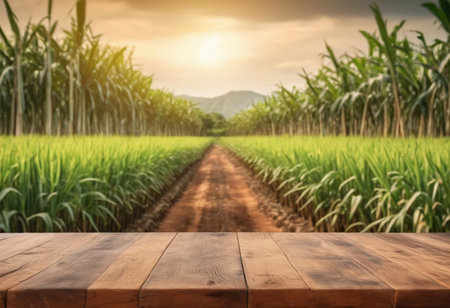 Wood table top on blur sugarcane field background - can be used for display or montage your productsの素材