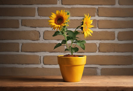 Sunflower in yellow pot on wooden table and brick wall background.の素材