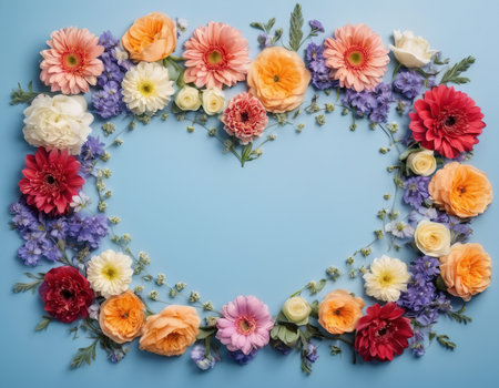 Flowers composition. Frame made of colorful flowers on blue background. Flat lay, top view, copy spaceの素材